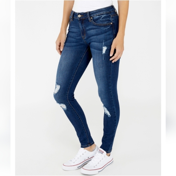 Kancan Holly Skinny Jeans Mid Rise Stretchy Denim Distressed Casual Dark Wash - Picture 3 of 11